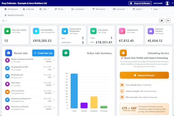 EasyEstimate construction estimating software dashboard showing project quotes and estimates